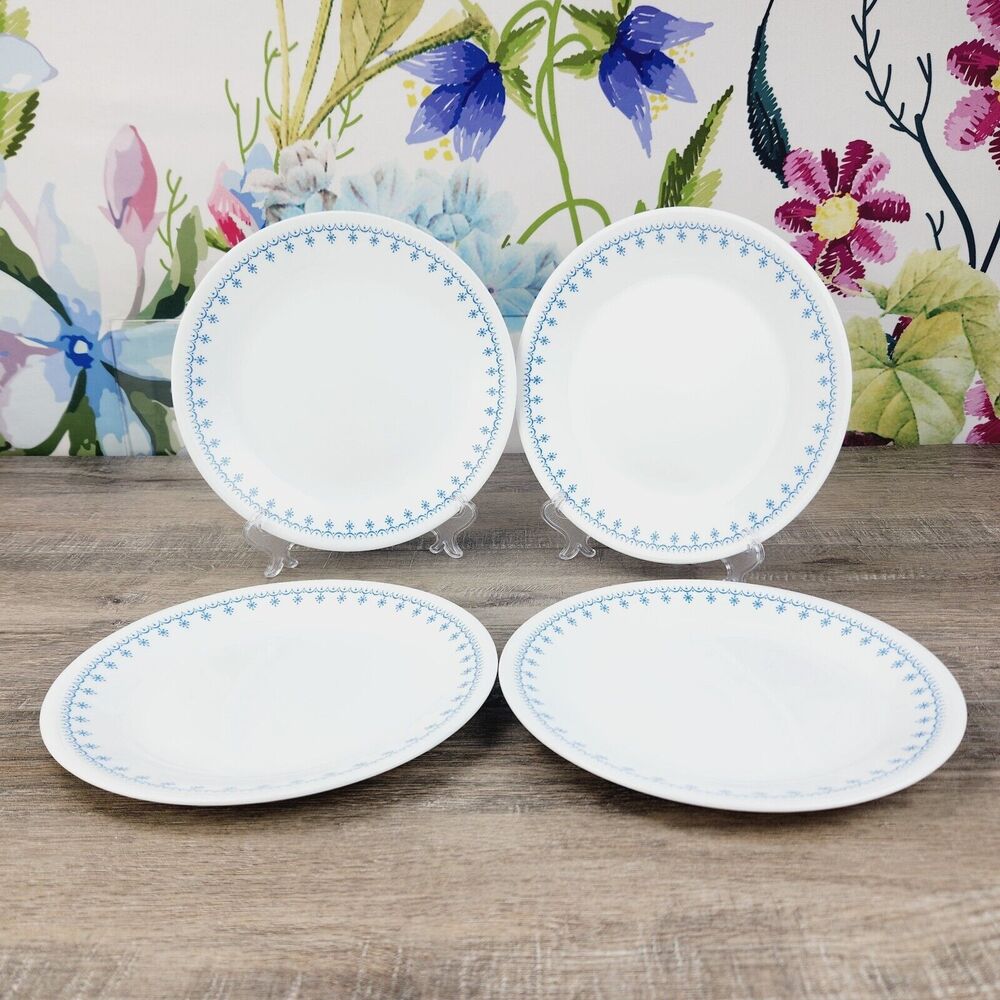 Corelle Snowflake Blue 8.5" Salad Plates Lot of 4 Corning Vintage